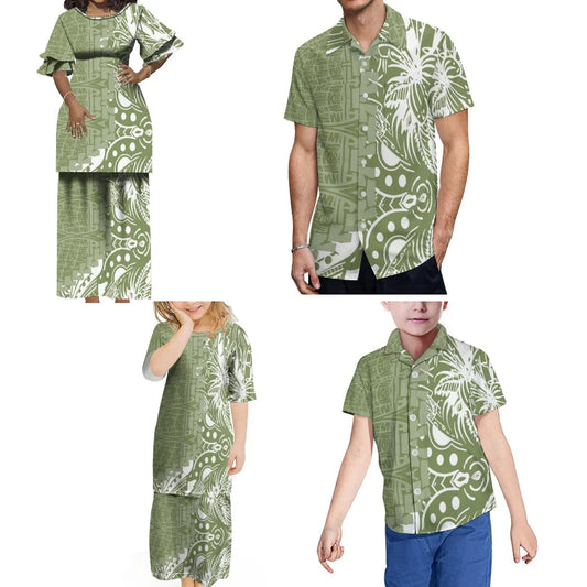 Polynesian Family Party Set Vintage Puletasi Double layer Horn Sleeve Dress And Men's Shirt Matching Outfit For Family