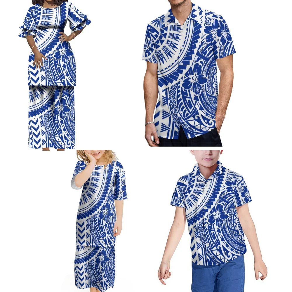 Polynesian Tribal Blue Matching Outfit For Family Vintage Puletasi Double layer Horn Sleeve Dress And Shirt Curve Style