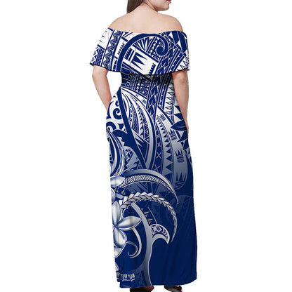 Polynesian Pride Off Shoulder Long Dress Polynesia Tribal Royal Blue
