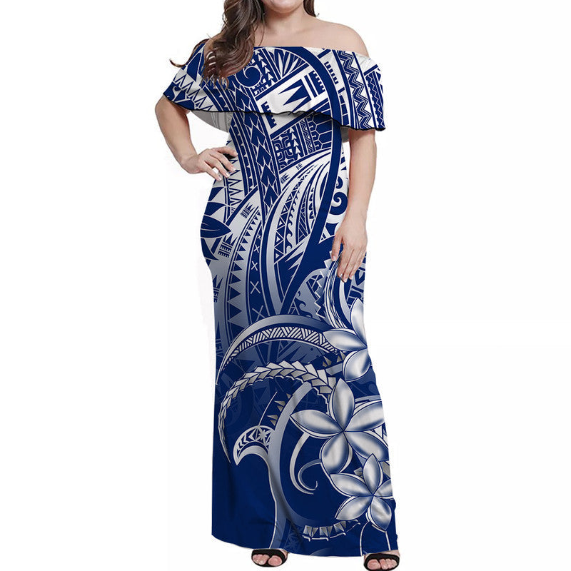 Polynesian Pride Off Shoulder Long Dress Polynesia Tribal Royal Blue