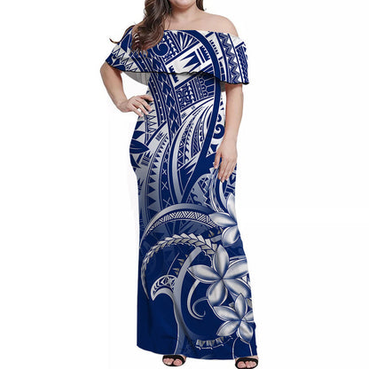Polynesian Pride Off Shoulder Long Dress Polynesia Tribal Royal Blue