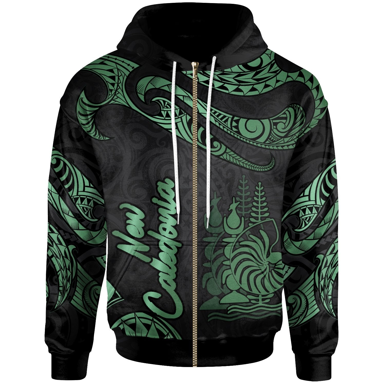 New Caledonia Polynesian Zip Hoodie Poly Tattoo Green Version