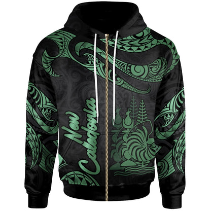 New Caledonia Polynesian Zip Hoodie Poly Tattoo Green Version