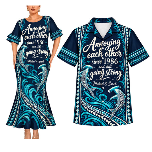 Annoying Each Other And Still Going Strong Polynesian Tribal Pattern Funny Blue Couple Matching Outfit