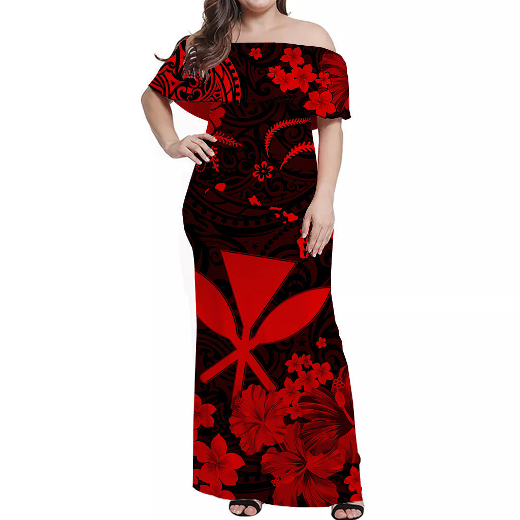 Hawaii Off Shoulder Long Dress Polynesia Red Kanaka Maoli