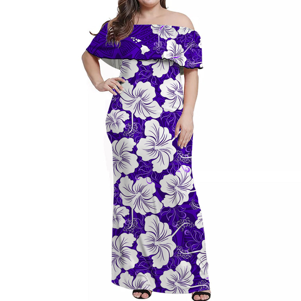 Custom Personalised Hawaii Off Shoulder Long Dress Purple Simple Tropical Flowers