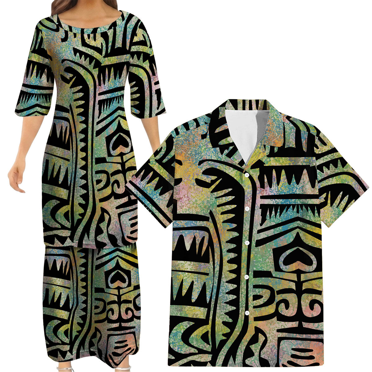 Vintage Polynesian Tribal Pattern Couple Outfit Matching Island Dress And Hawaiian Shirt For Her Him