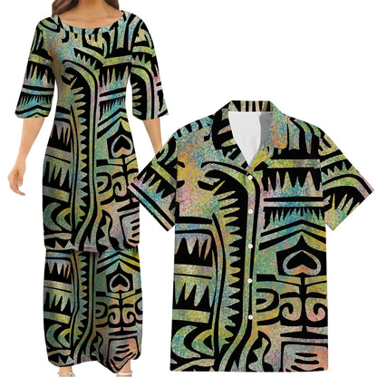 Vintage Polynesian Tribal Pattern Couple Outfit Matching Island Dress And Hawaiian Shirt For Her Him