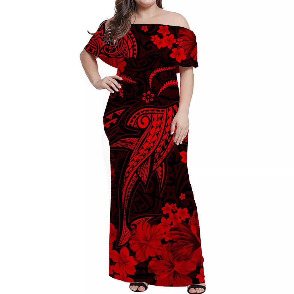 Hawaii Off Shoulder Long Dress Polynesia Red Shark