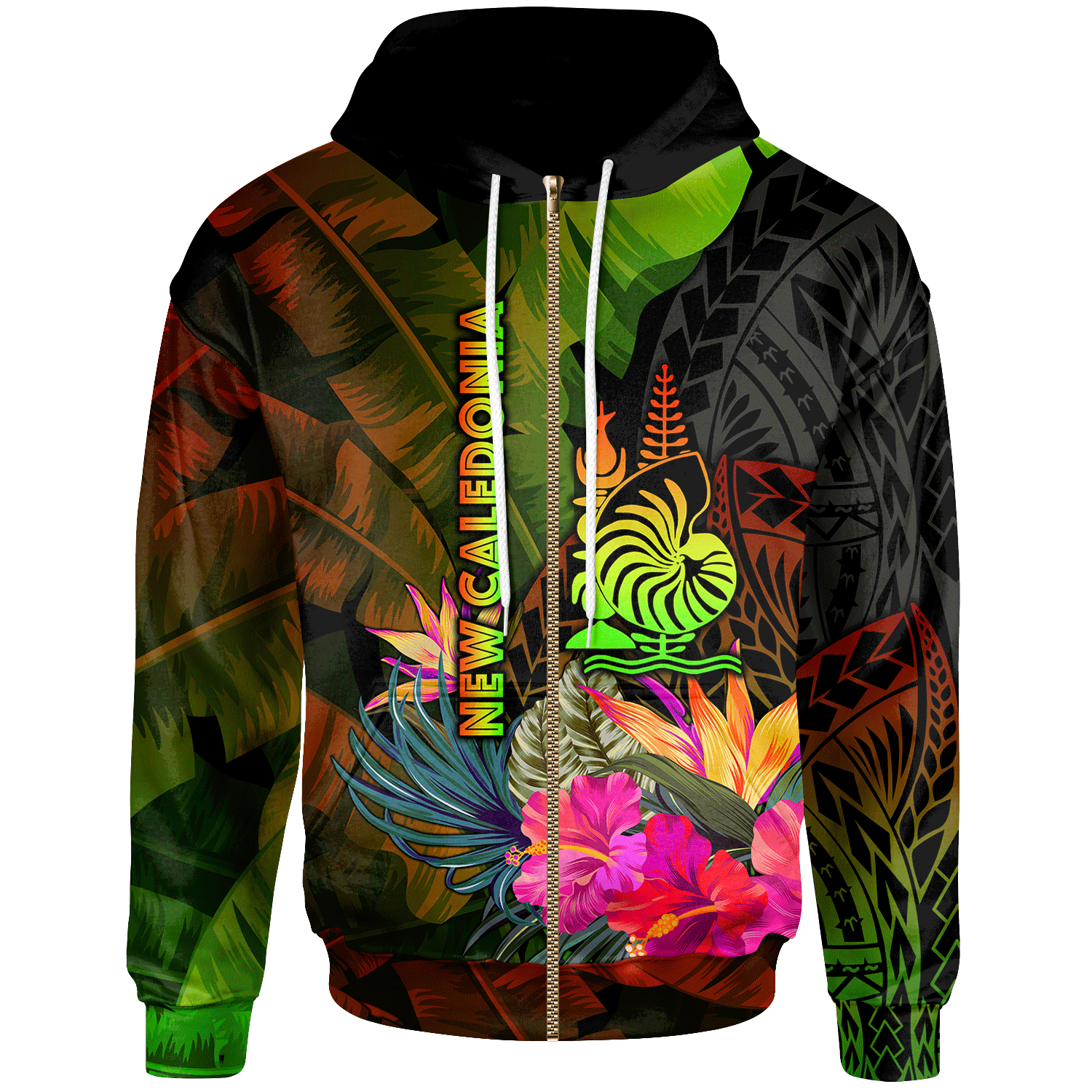 New Caledonia Polynesian Zip Up Hoodie Hibiscus and Banana Leaves