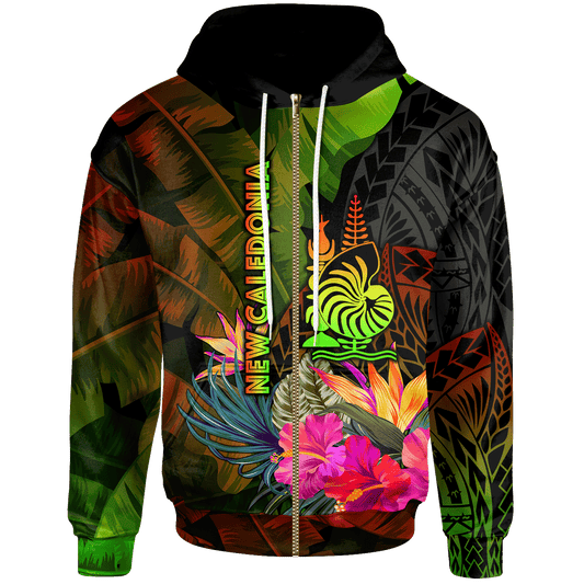 New Caledonia Polynesian Zip Up Hoodie Hibiscus and Banana Leaves