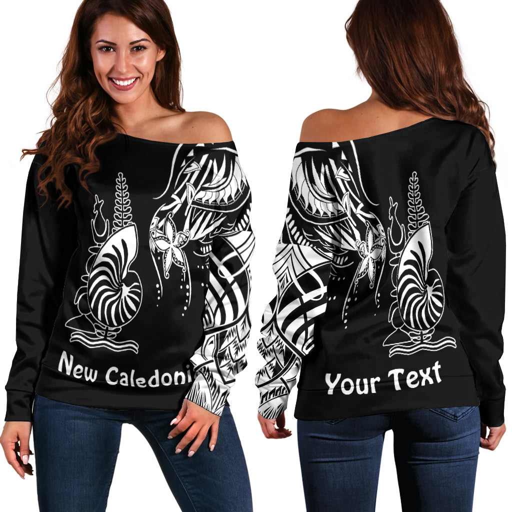 (Custom Personalised) New Caledonia Off Shoulder Sweater Emblem Nautilus Shell Version Black