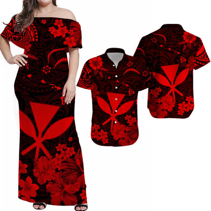 Hawaiian Matching Outfits For Couples Hawaii Combo Polynesia Red Kanaka Maoli Dress and Hawaiian Shirt