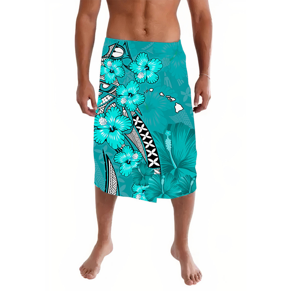 Hawaii Lavalava Polynesia Turquoise Hibiscus and Map Mystical