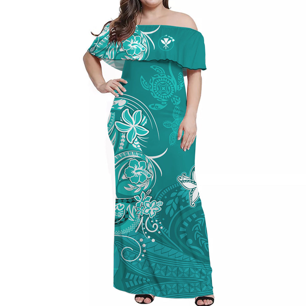 Custom Personalised Hawaii Off Shoulder Long Dress Polynesia Turquoise Sea Turtle Honu and Map