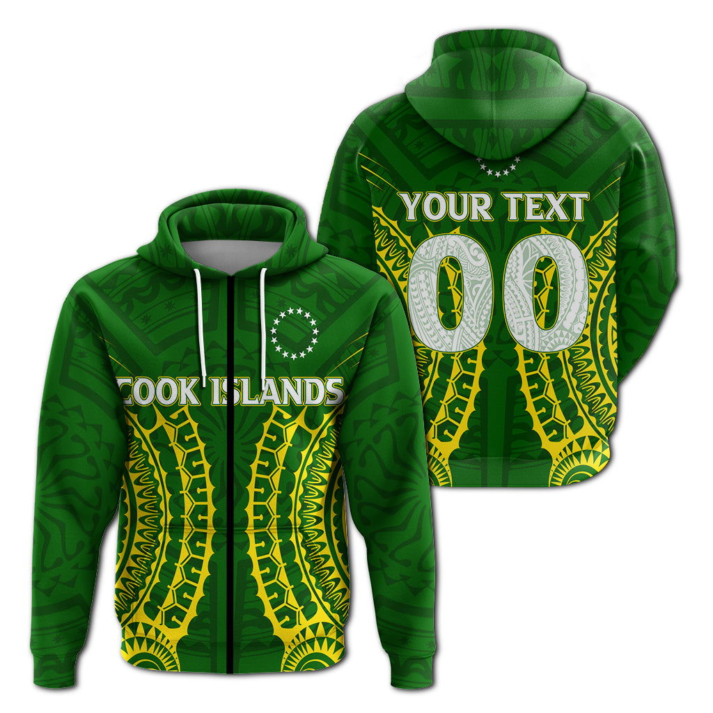 Custom Text Cook Islands Zip Up Hoodie Personalised Tribal Pattern Green Hoodie