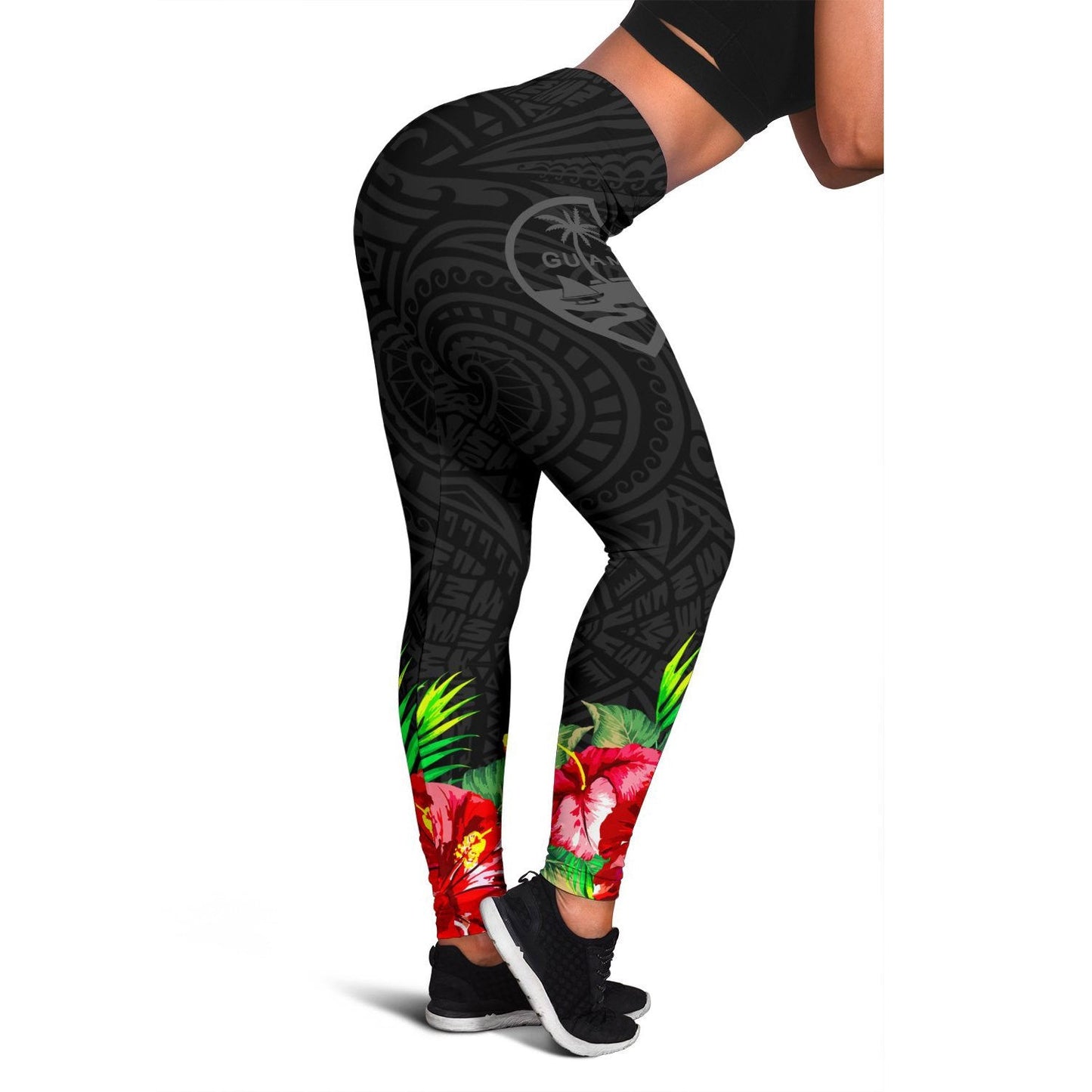 Guam Polynesian Women's Leggings Black Hibiscus