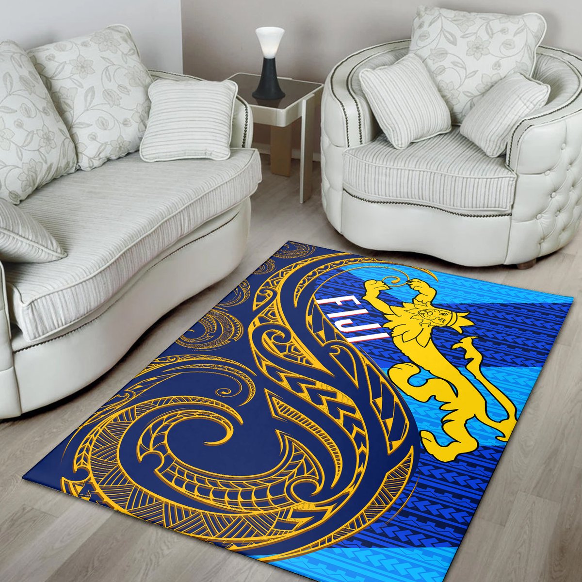 Fiji Area Rug Flag's Color With Gold Polynesian Pattern 0