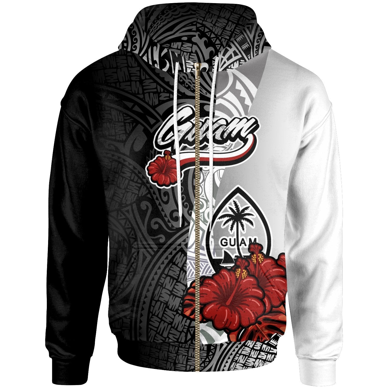Guam Polynesian Zip Up Hoodie Coat Of Arm With Hibiscus White