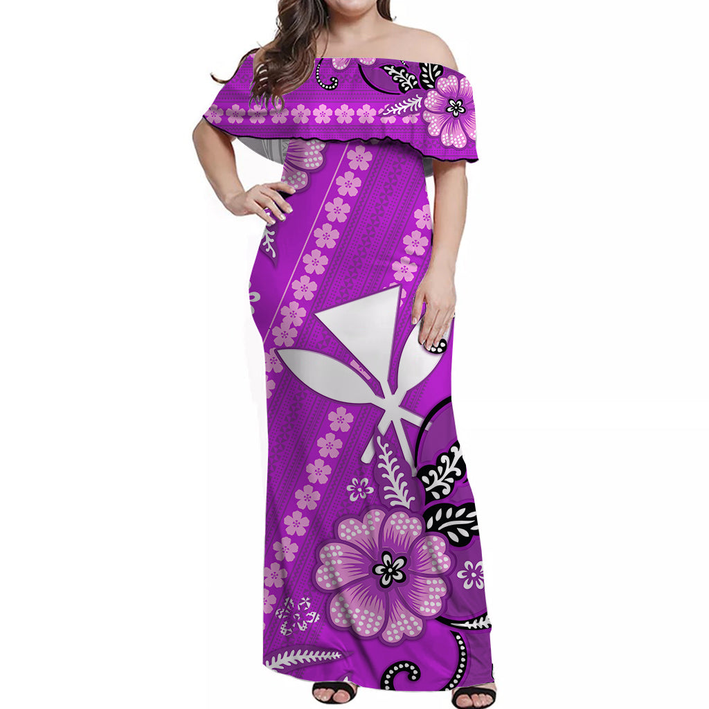Hawaii Off Shoulder Long Dress Kakau Tribal Purple Batik Floral Ver.01