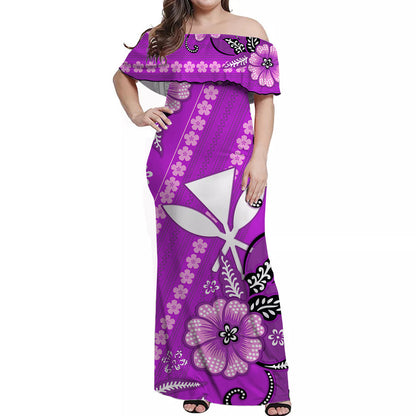 Hawaii Off Shoulder Long Dress Kakau Tribal Purple Batik Floral Ver.01