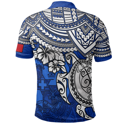 Tonga Polo Shirt - Tonga Coat Of Arms Blue Turtle Hibiscus
