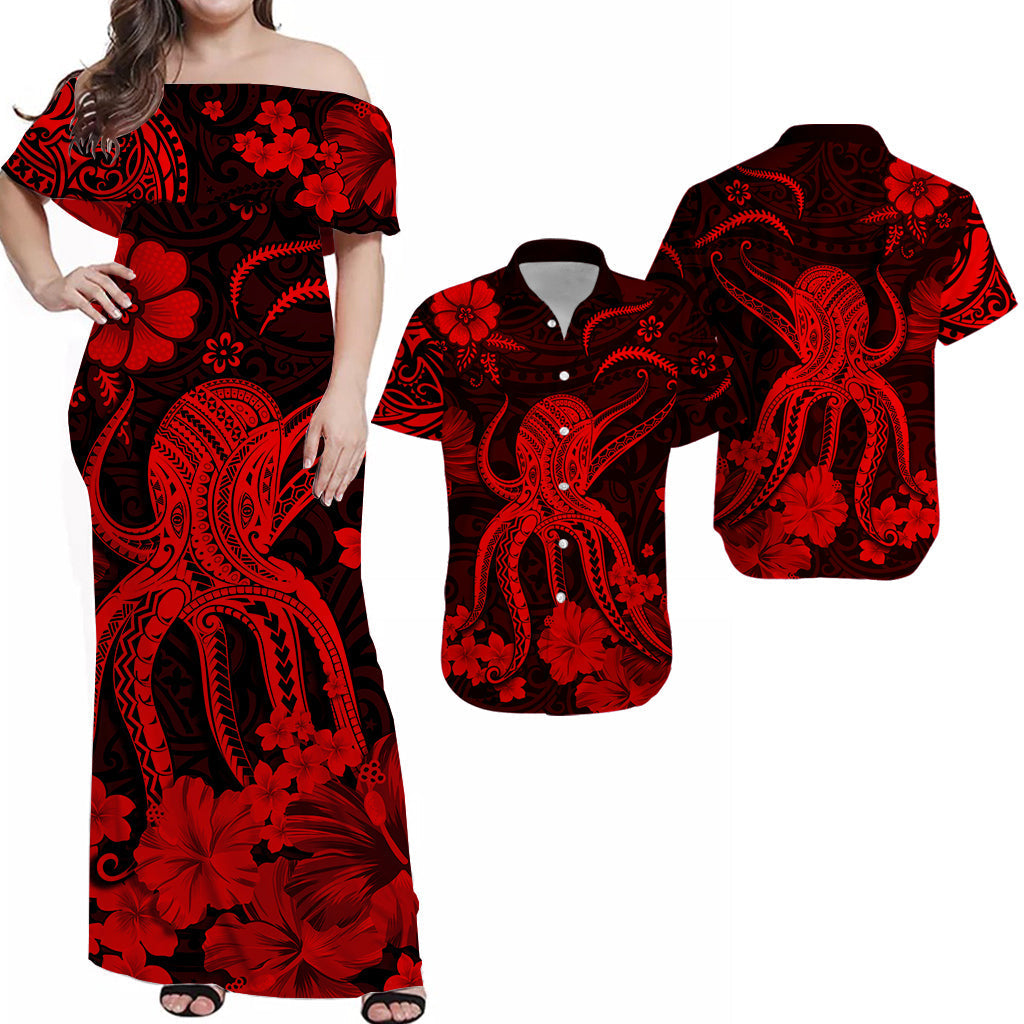 Hawaiian Matching Outfits For Couples Hawaii Combo Polynesia Red Octopus Dress and Hawaiian Shirt