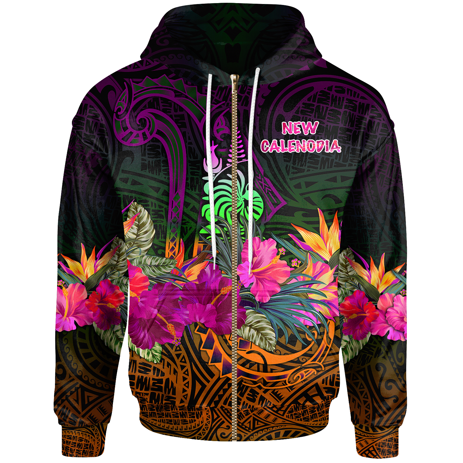New Caledonia Polynesian Zip Up Hoodie Summer Hibiscus