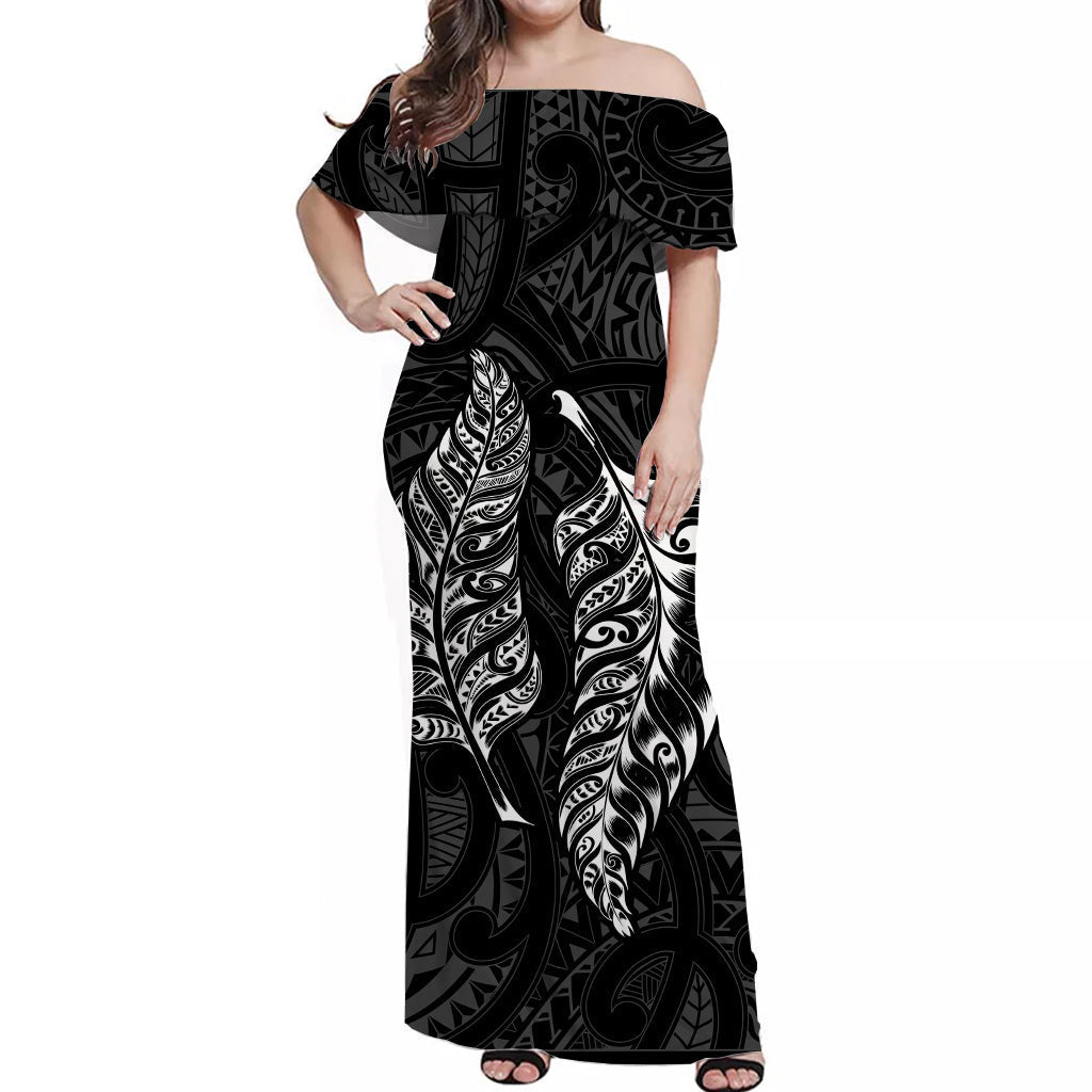 New Zealand Maori Off Shoulder Long Dress Aotearoa Mix Silver Fern Ver.02