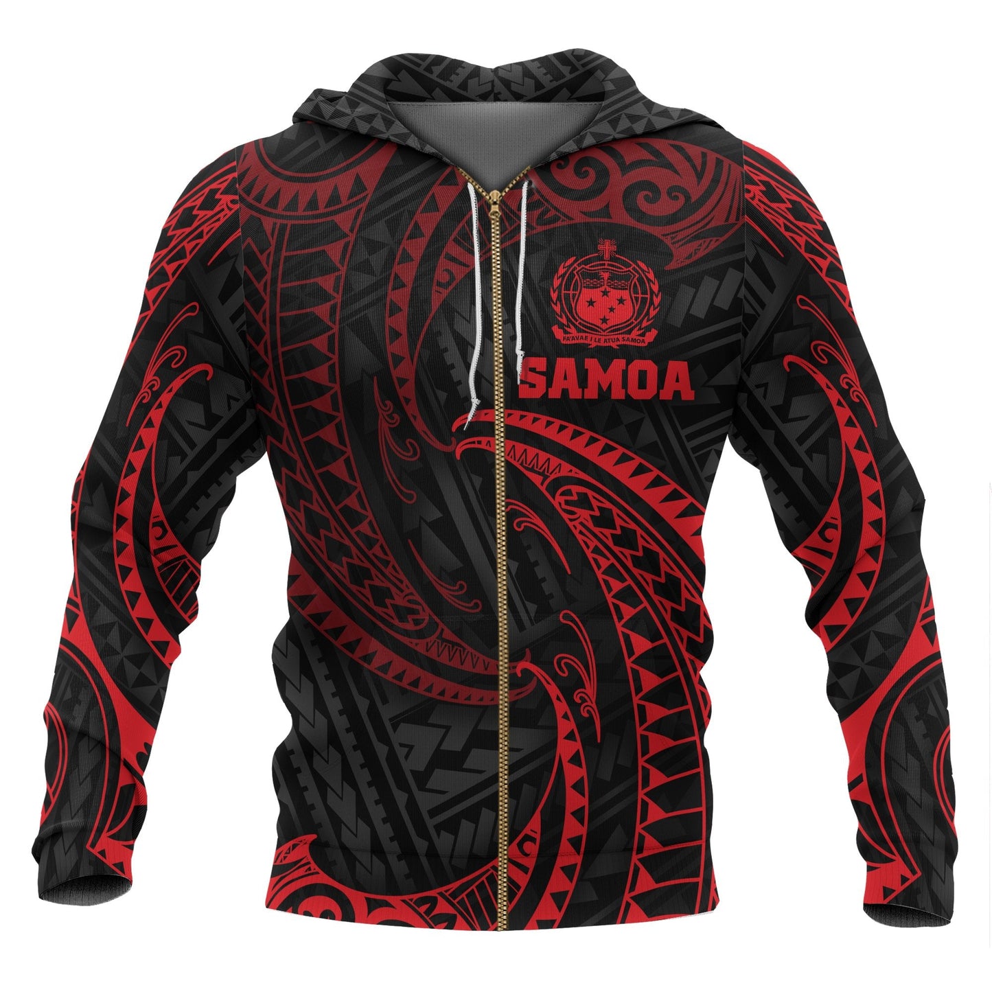 Samoa Polynesian Zip Up Hoodie Red Tribal Wave