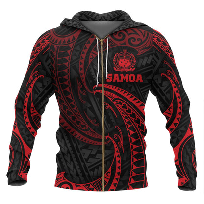 Samoa Polynesian Zip Up Hoodie Red Tribal Wave