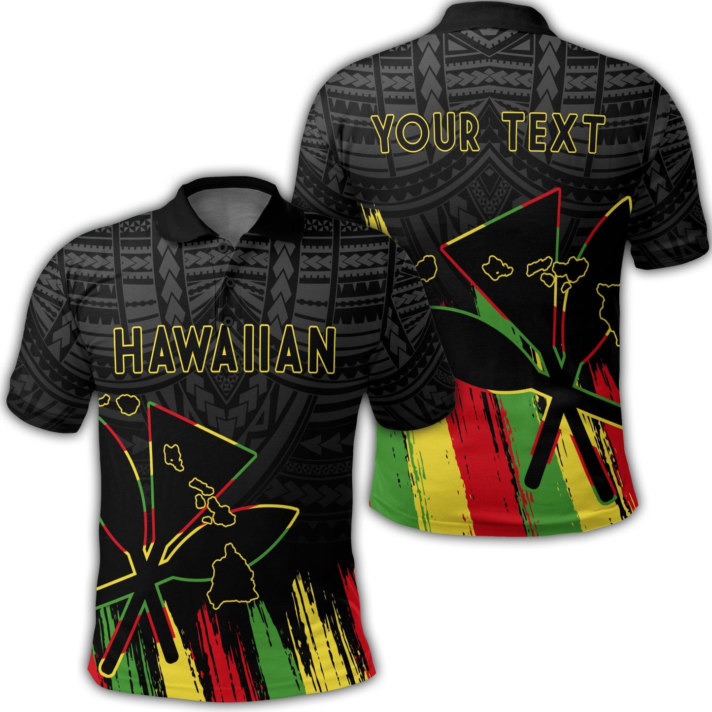 Personalized Hawaiian Map Kanaka Flag Brush Polo Shirt Black - Throne Style