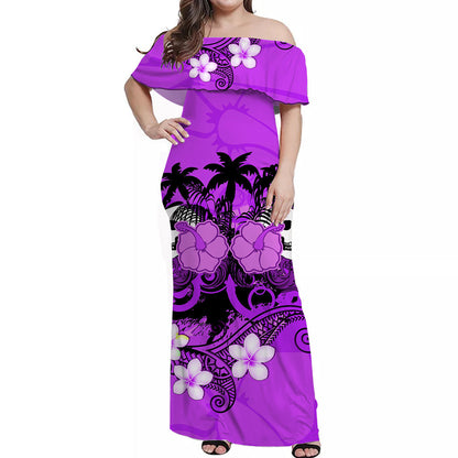 Hawaii Skull Off Shoulder Long Dress Mysterious Polynesia and Purple Flowers