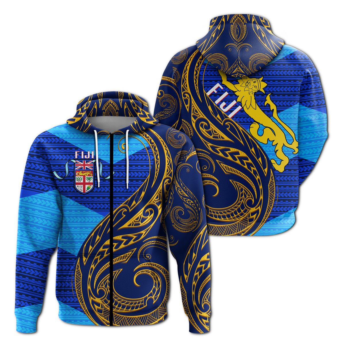 Fiji Zip up Hoodie Flag's Color With Gold Polynesian Pattern