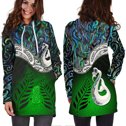 New Zealand Maori Hoodie Dress Manaia Paua Shell Glitter Green