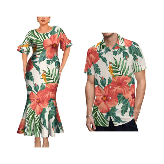 Polynesian Hibiscus Flowers Pattern Couple Matching Outfit Women Crew Neck Mermaid Dress and Shirt