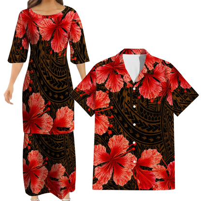 Polynesian Tribal Flowers Pattern Brown Matching Outfit For Couple Island Puletasi Dress And Hawaiian Shirt