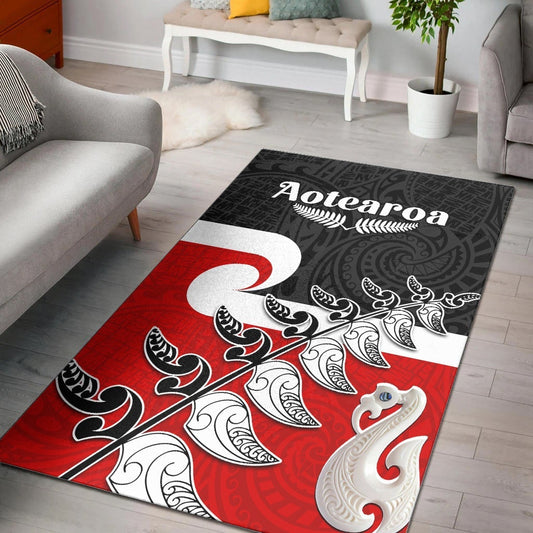 Waitangi New Zealand Area Rug Aotearoa Maori Pattern Mix Fern and Manaia Koru
