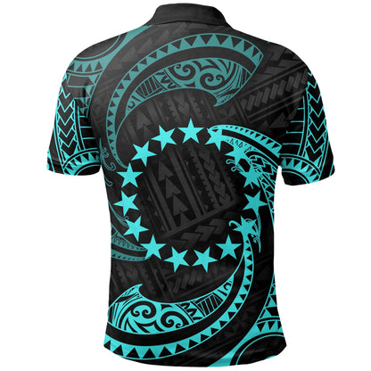 Cook Islands Polynesian Polo Shirt - Neon Blue Tribal Wave