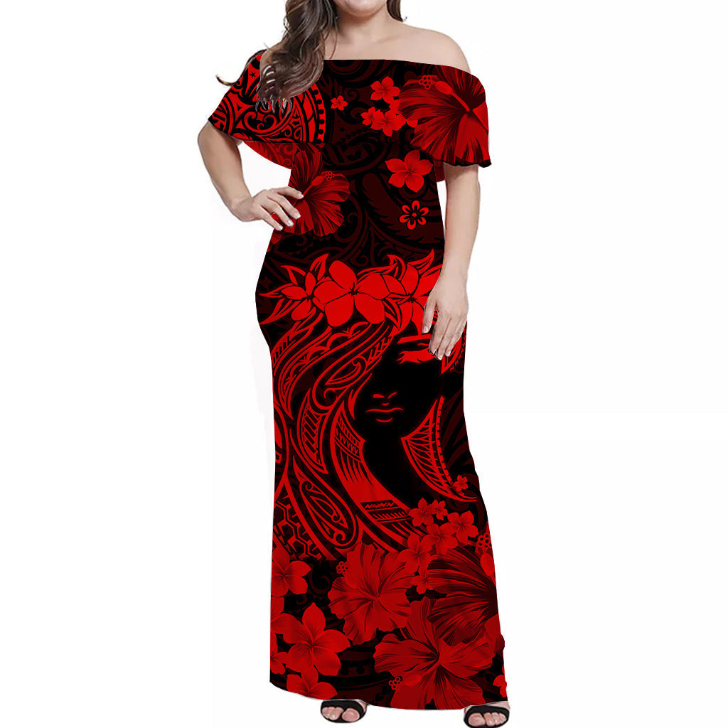Hawaii Off Shoulder Long Dress Polynesia Red Attractive Hula Girl