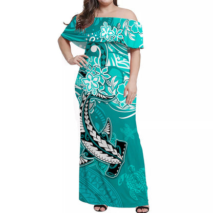 (Custom Personalised) Hawaii Matching Couple Outfits Dress and Hawaiian Shirt Polynesia Turquoise Sea Turtle Honu and Hammerhead Shark