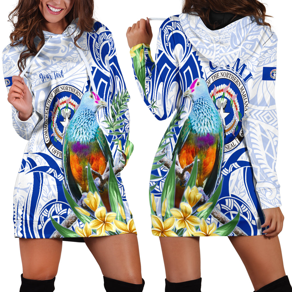 Custom Personalised Northern Mariana Islands Hoodie Dress Mariana Fruit Dove Mix Frangipani Flowers White