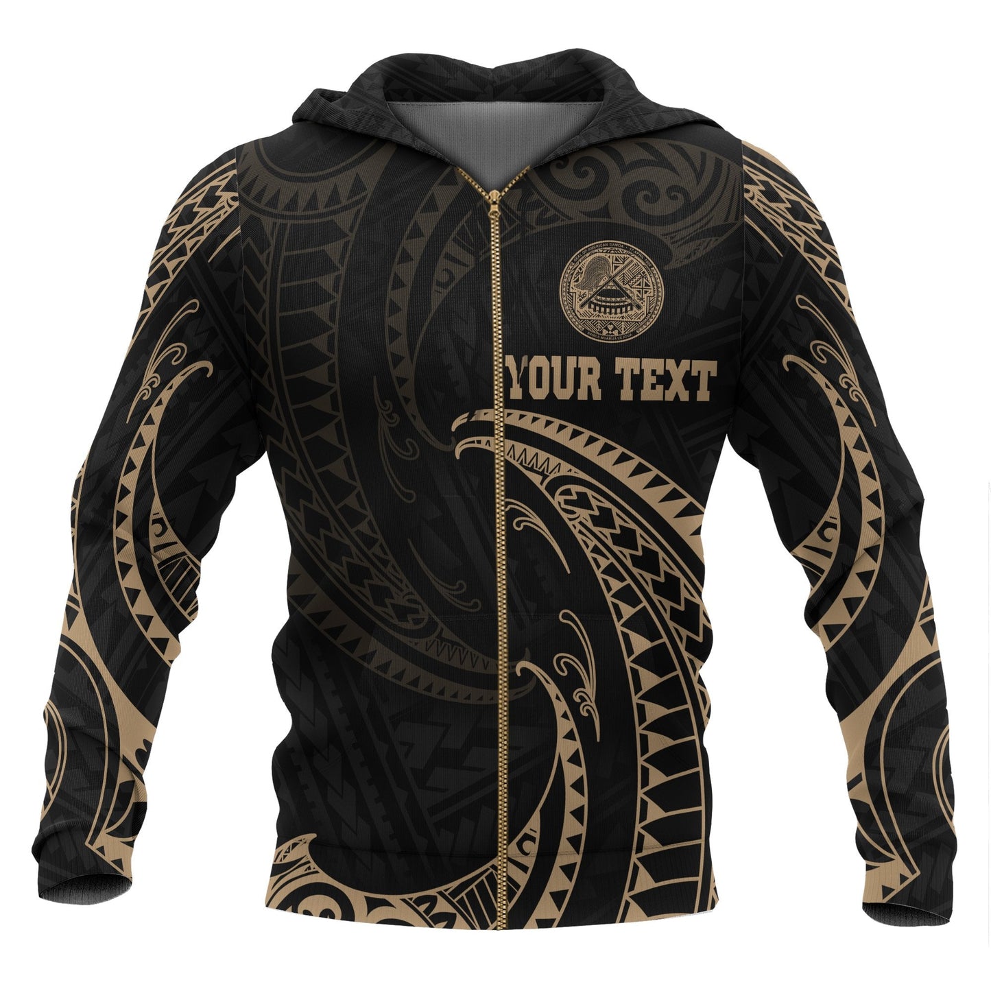 Custom Text American Samoa Polynesian Custom Personalised Zip Up Hoodie Gold Tribal Wave