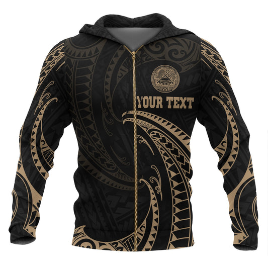 Custom Text American Samoa Polynesian Custom Personalised Zip Up Hoodie Gold Tribal Wave