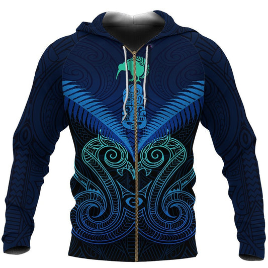 Maori Manaia New Zealand Zip Up Hoodie Blue