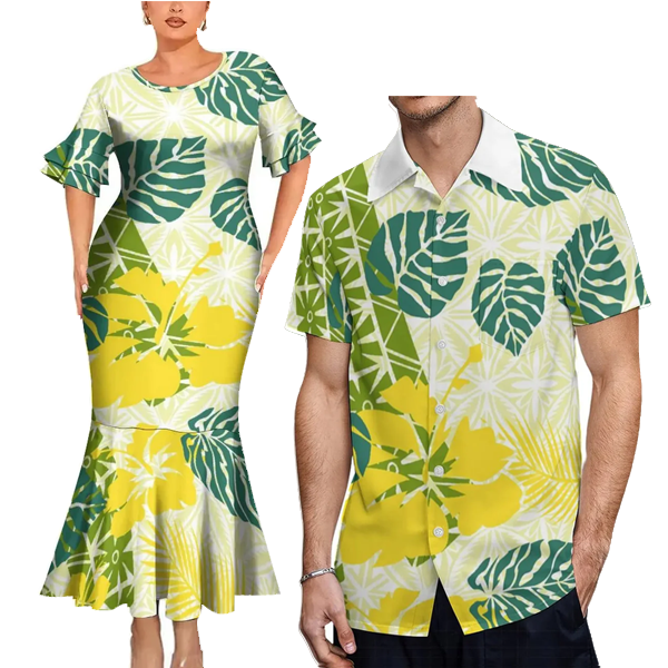 Polynesian Tribal Flowers Pattern Tropical Couples Matching Outfit Fishtail Skirt Dress And Shirt For Her Him