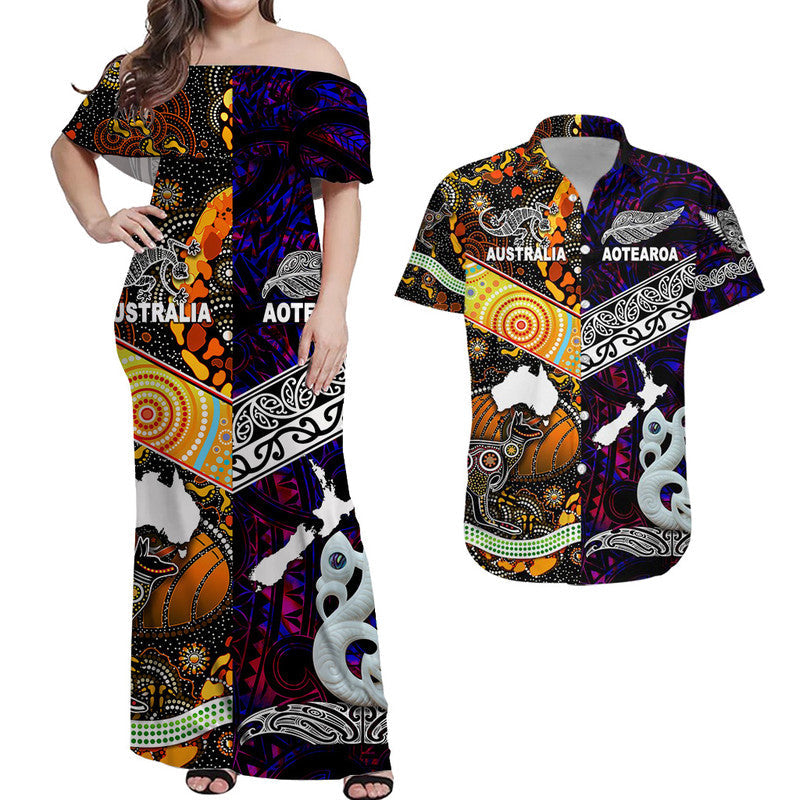 Matching Clothes For Couples New Zealand Maori Aotearoa And Australia Aboriginal Combo Dress And Shirt Together Purple