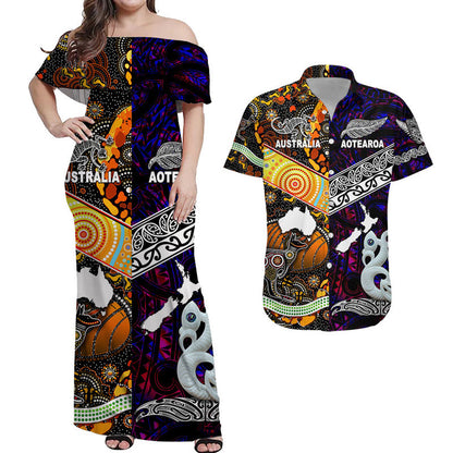 Matching Clothes For Couples New Zealand Maori Aotearoa And Australia Aboriginal Combo Dress And Shirt Together Purple