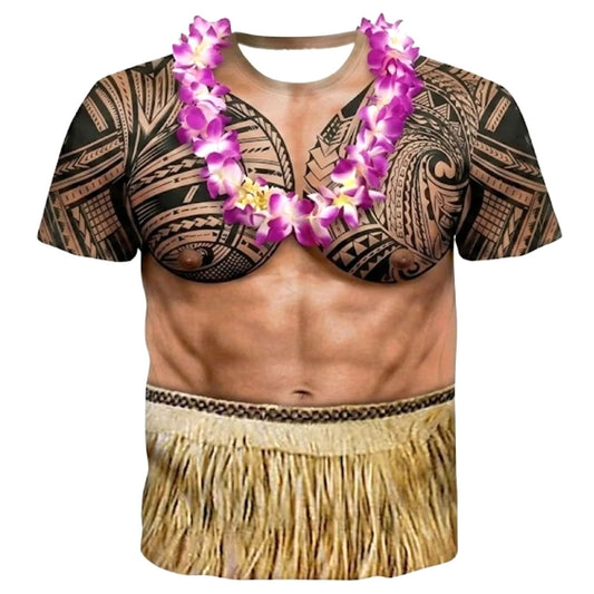 Polynesian Tattoo Shirt Flowers Necklace Funny Abs Grass Skirt Style T Shirt