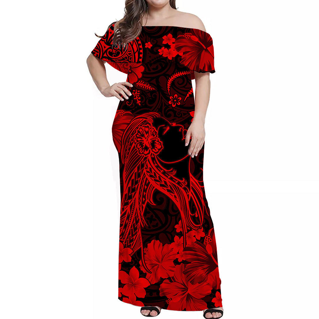 Hawaii Off Shoulder Long Dress Polynesia Red Beautiful Hula Girl